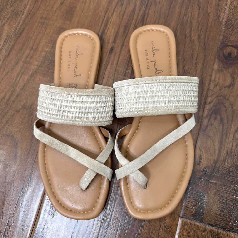 Mila Paoli Leather Slip On Sandal Womens‎ 7 Suede Tan Made In Italy Flat Minimal